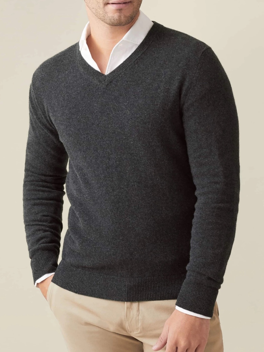 Neiman Marcus Virgin Cashmere V Neck Dark Charcoal Sweater
